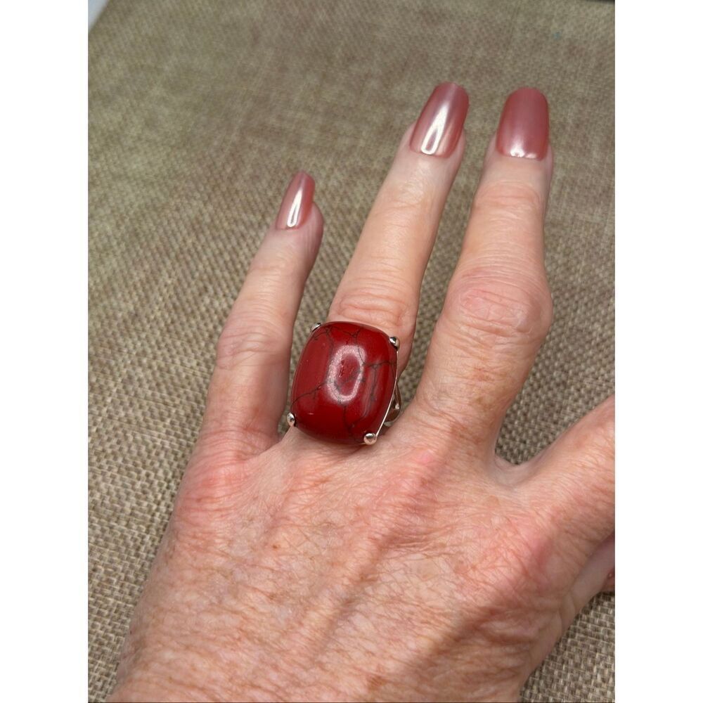 Bold Red Cushion-Cut Statement Ring – Sterling Silver Size 7– Estate Jewelry